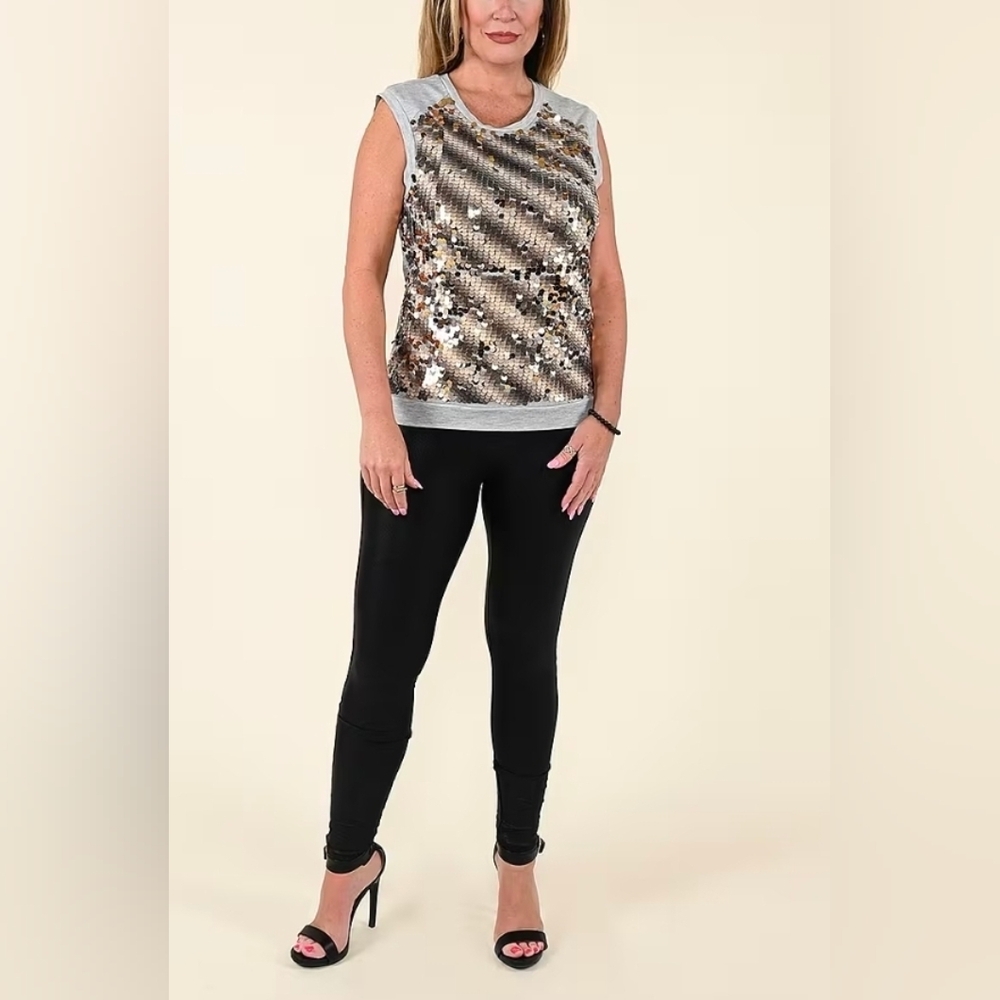 Tamsy White Lace Cardigan Gray Tank Top with Gold Sequins and Cut Out Jacket - Picture 5 of 6